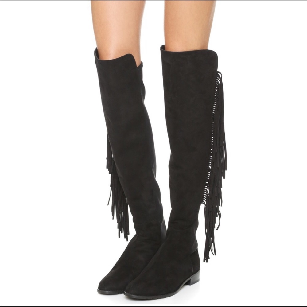 Stuart Weitzman OTK black suede boots with fringe